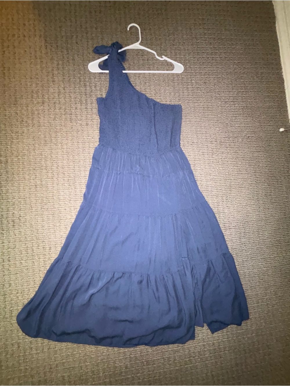 Merokeety Smocked One-Shoulder Navy Midi Dress with Tiered Skirt - Size L